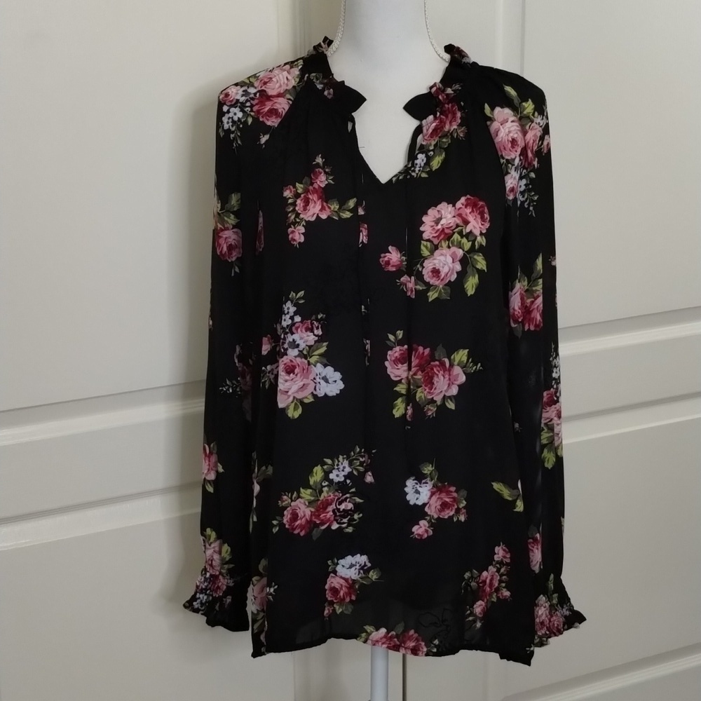 Time & Tru Women's 12/14 large black sheer pink floral long sleeve blouse w/tie